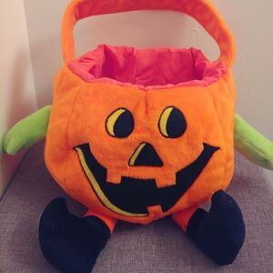Vintage trick or treat plush pumpkin bag Halloween orange No talking
